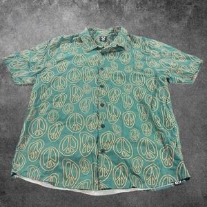 Boho Neff Peace Sign Button Up Shirt Mens M Retro Green Graphic Shirt Skate Surf